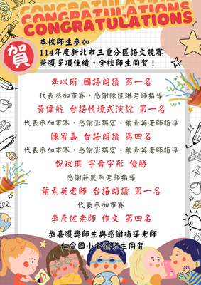 📢本校師生參加114年度新北市三重分區語文競賽，榮獲多項佳績！圖片
