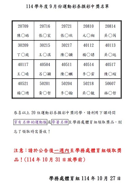 114 學年度9月份運動彩券摸彩中獎名單圖片